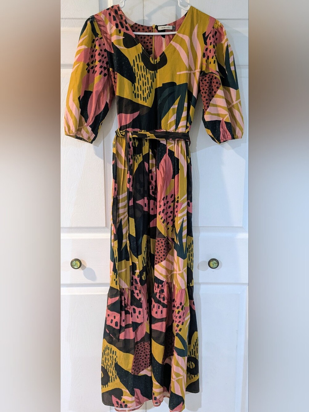 Maude Vivante Abstract Maxi Dress with Mustard and Pink Print